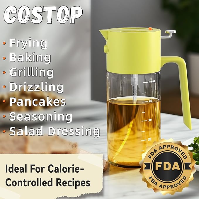 Oil Sprayer for Cooking, 2025 Large Advanced Olive Oil Dispenser Bottle,500ml/17oz Glass Olive Oil Sprayer,2 in 1 Even Spray with Portion Control for Kitchen, Air Fryer, Salad, BBQ - Yellow