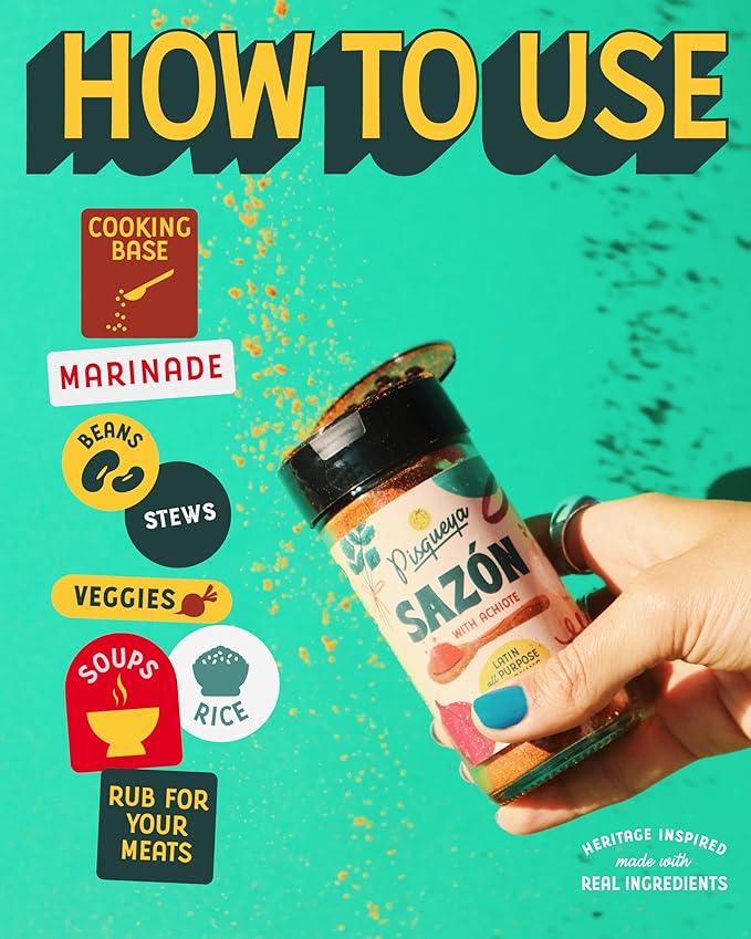 Pisqueya Sazón Seasoning, Made With Achiote. Adds Instant Flavor To Any Dish. Low Sodium, No Sugar, No MSG, Non-GMO, No Preservatives, No Artificial Coloring, No Artificial Flavors, 2.5oz, Pack of 1