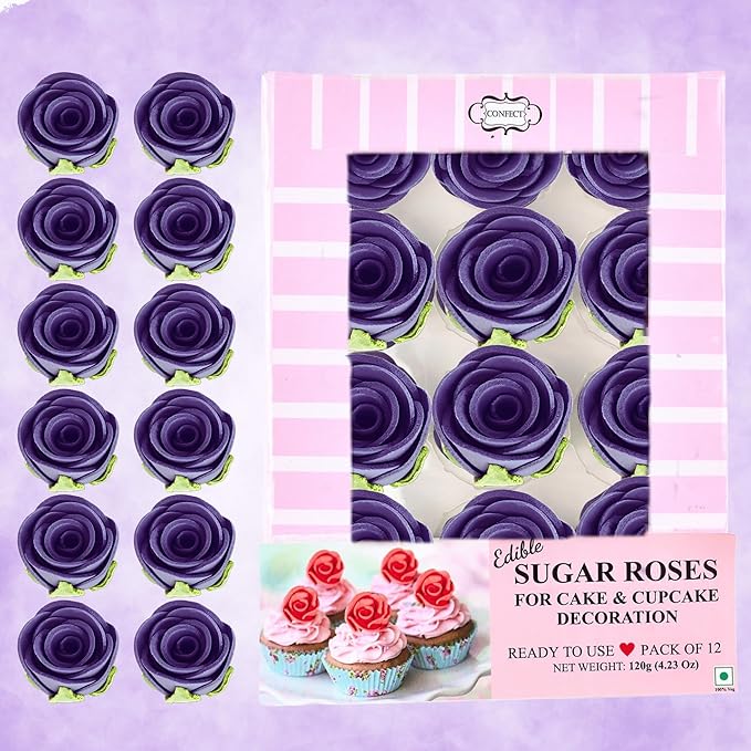 Confect Edible Flower | Edible Flower for cake decorations | Edible Flower Toppers | | Cupcakes & Doughnut Edible Toppers | True Purple Sugar Flower- Vegan, Gluten-Free, Soy-Free, Dairy-Free, Palm Oil-Free -Pack of 12