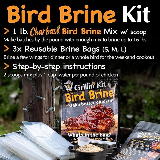Charbasil Bird Brine Kit - 1 lb. of brining mix with scoop - 3 reusable brine bags S, M, L - Brining Guide – Makes 16+ lbs. of chicken - Great for BBQing, smoking, grilling, roasting