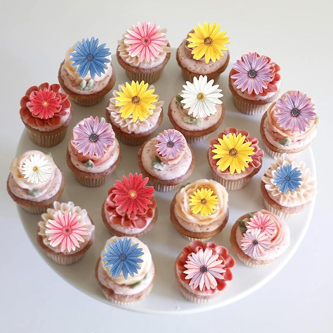 60 Pack Edible Flower Cupcake Toppers Wafer Paper Flower Cake Picks for Bridal Engagement Baby Shower Wedding Birthday Party Cake Decorations Supplies Colorful Style 2