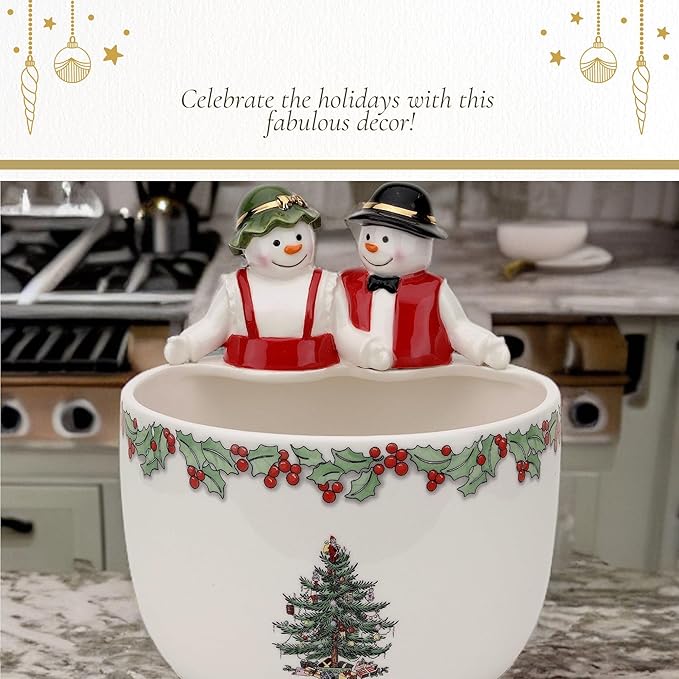 Spode Christmas Tree 9-Inch Candy Bowl - Mr. & Mrs. Snowman Decorative Earthenware Bowl for Serving Candy, Nuts, Holiday Treats - Festive Tableware & Charming Holiday Decor - Dishwasher Safe