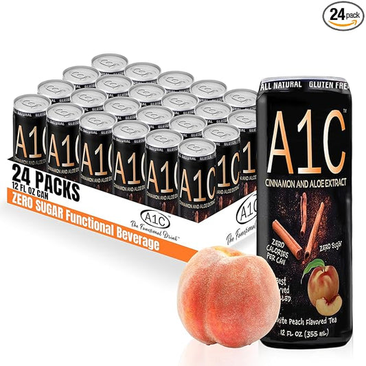 A1C Sugar-Free White Peach Flavored Iced Tea – Zero Calorie Drink with Aloe & Cinnamon Extracts, No Sodium, No Caffeine, Zero Sugar Iced Tea, Made in USA, Refreshing Canned Drink, 12 fl oz (24 Pack)