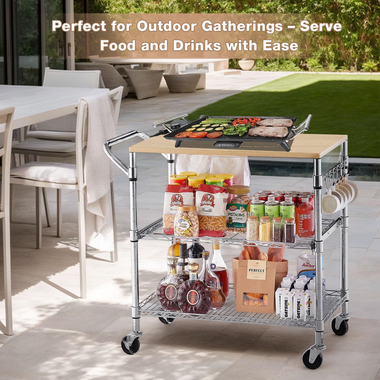 3 Tier Rolling Kitchen Cart with Wood Tabletop, Kitchen Island Carts with Wheels & Slider Shelf