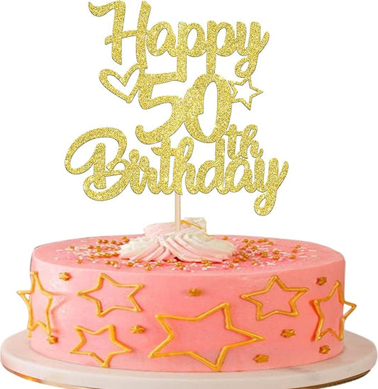 1 Pack Happy 50th Birthday Cake Topper Glitter Heart Star 50 Fabulous Cake Pick Birthday Sign Cake Decorations for Children 50th Birthday Theme Party Supplies Gold
