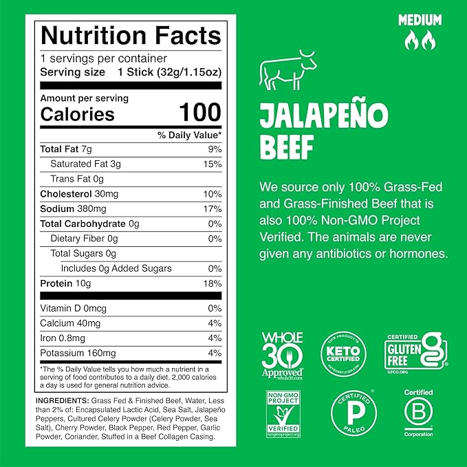 Chomps Grass-Fed and Finished Jalape챰o Beef Jerky Snack Sticks 24-Pack - Keto, Paleo, Whole30, 10g Lean Meat Protein, Gluten-Free, Zero Sugar Food, Non-GMO