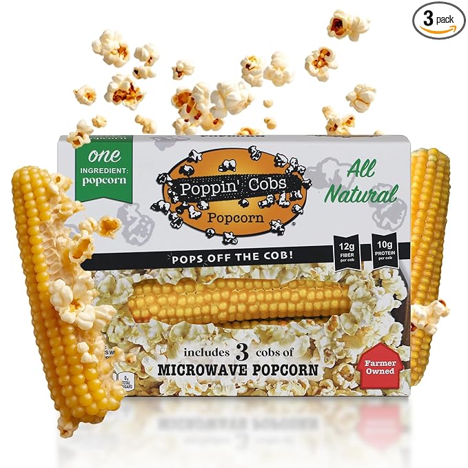 Poppin Cobs Microwave Popcorn on the Cob (3 PK) (Original) Whole Popcorn Kernels, Individually Wrapped Healthy Pop Corn on the Cob with Bags, Gluten Free Fun Snack Perfect for Movie Nights