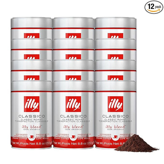 Illy Ground Espresso Coffee, Classico Medium Roast - Mild & Balanced - 100% Arabica - Pre-Ground for Espresso - Pressurized Packaging Sealed for Freshness - 8.8oz (Pack of 12)