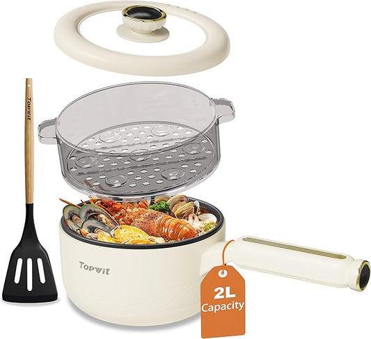 TOPWIT Hot Pot Electric with Steamer, 2L Multifunctional Electric Pot, Non-Stick Saut챕 Pan, Portable Pot for Steak, Fried Rice, Ramen, Soup with Dual Power Control (Silicone Spatula Included), Beige