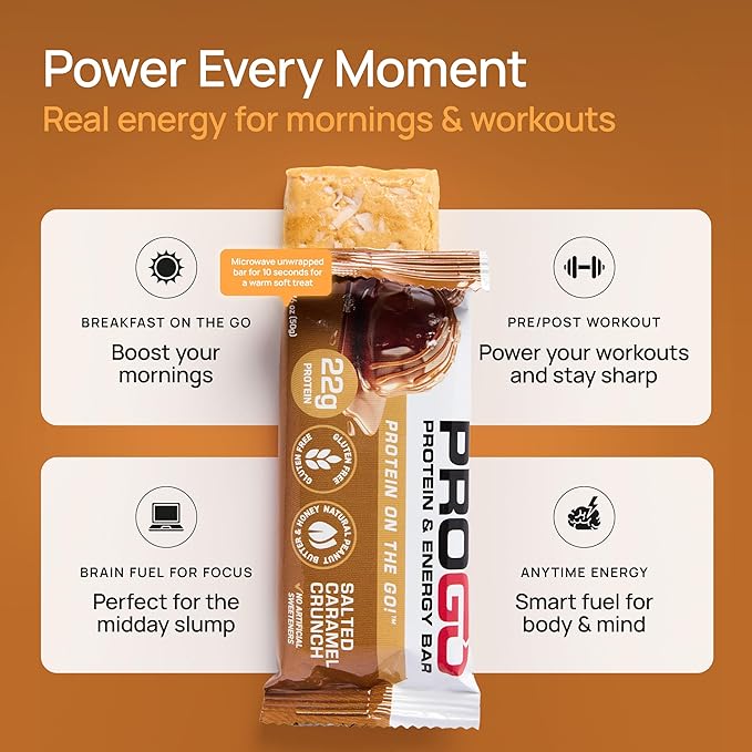 ProGo Protein Bars, Low Sugar, High Protein Snacks (22g) - 95% Pure Isolate for Faster Muscle Growth & Recovery, Low Calorie, Sweetened w/Peanut Butter & Honey (20-Count, Salted Caramel Crunch)