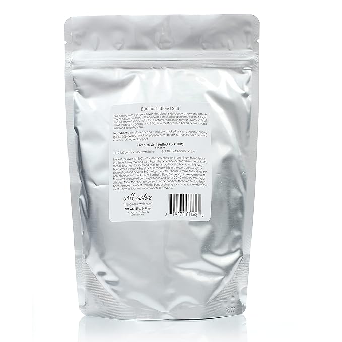 s.a.l.t. sisters Butcher's Blend Sea Salt, Unique BBQ Spices + Salt Blend Alternative to Table Salt, Meat Seafood Vegetable Seasoning, GMO Free, MSG Free, Resealable Pouch, 16 oz
