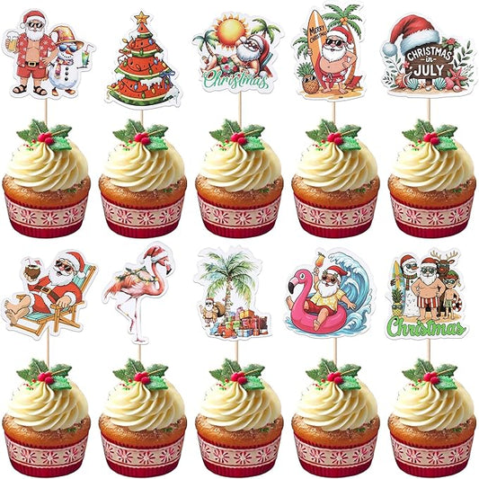 Rsstarxi 40 Pack Summer Christmas Cupcake Toppers Christmas in July Cake Decorations Santa Surfboard Snowman Flamingo Cupcake Picks for Summer Beach Pool Birthday Party Decors