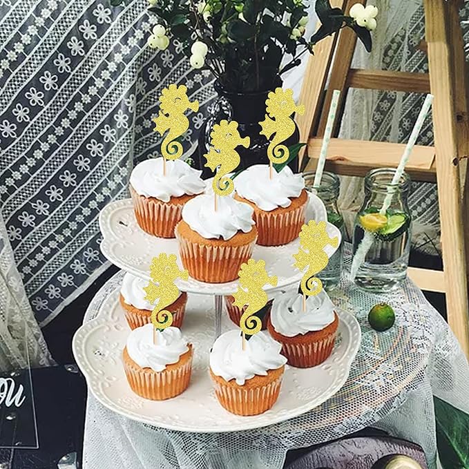 24 PCS Seahorse Cupcake Topper Ocean Themed Party Seahorse Cupcake Decorations Baby Shower Birthday Party Decorations
