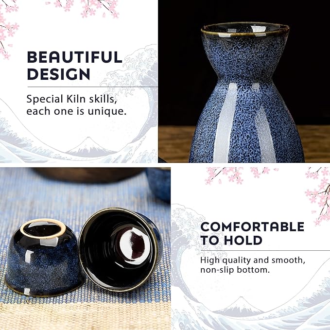 DUJUST 5 pcs Japanese Sake Set, Kiln Altered Glaze Porcelain Sake Set, 1 Bottle, 4 Cups & 1 Gift Box, Warm Carafe, Special Japanese Gift Set - darkblue