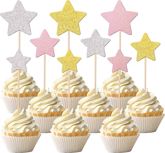 30 PCS Little Star Cupcake Toppers Silver Pink Gold Glitter Twinkle Star Cupcake Picks Bridal Shower Cake Decorations for Wedding Engagement Baby Shower Birthday Party Supplies