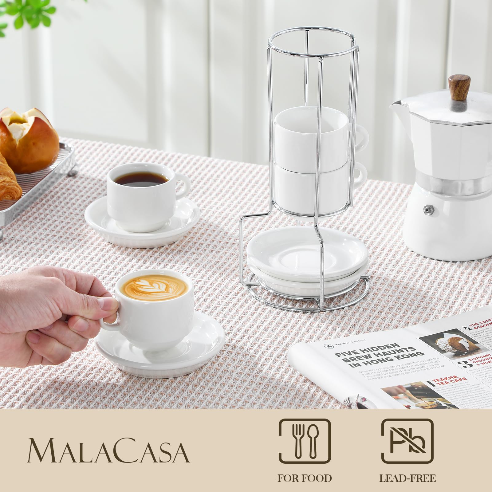 MALACASA 2.5 OZ Porcelain Espresso Cups with Saucers and Metal Stand Set of 4, Stackable Cappuccino
