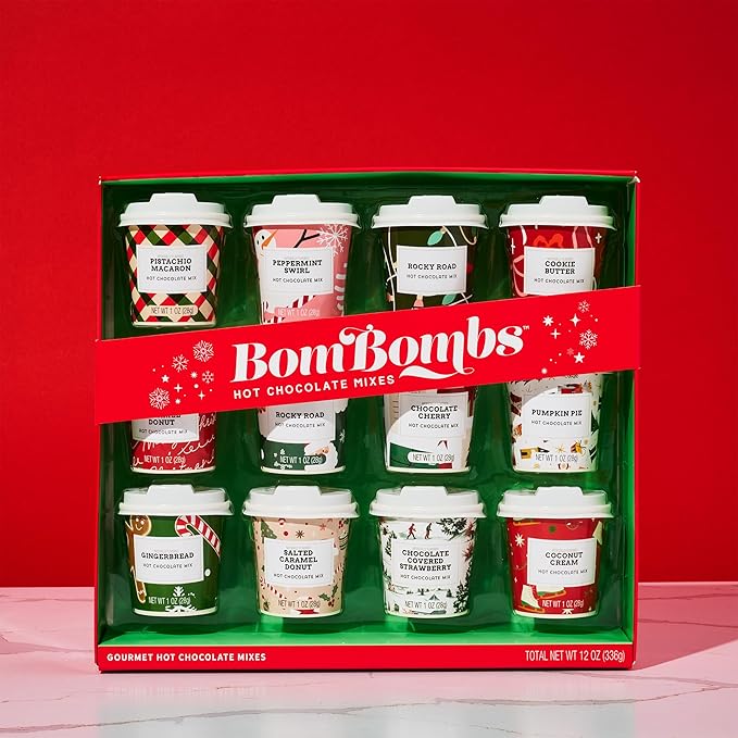BomBombs Mini Hot Chocolate Gift Set with Holiday Packaging, Dessert Flavors Include Rocky Road, Cookie Butter, Pumpkin Pie & More, Set of 12