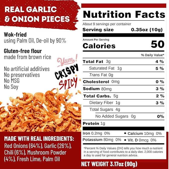 MaeMai Medium Spice (SPICY) - Crispy Onions & Garlic Flakes - Crunchy All-Purpose Seasoning, Keto, Salad Toppings, Fried Onions - Ramen, Rice Seasoning, Vegan, Gluten-free | 3.17oz (90g)
