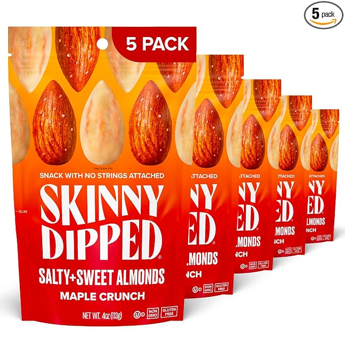 SkinnyDipped Salty + Sweet Maple Almond Crunch, Healthy Snack, Plant Protein, Gluten Free, 4 oz Resealable Bags, Pack of 5
