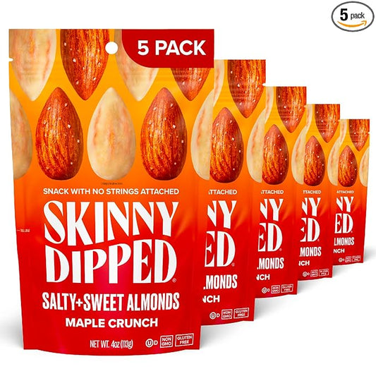 SkinnyDipped Salty + Sweet Maple Almond Crunch, Healthy Snack, Plant Protein, Gluten Free, 4 oz Resealable Bags, Pack of 5