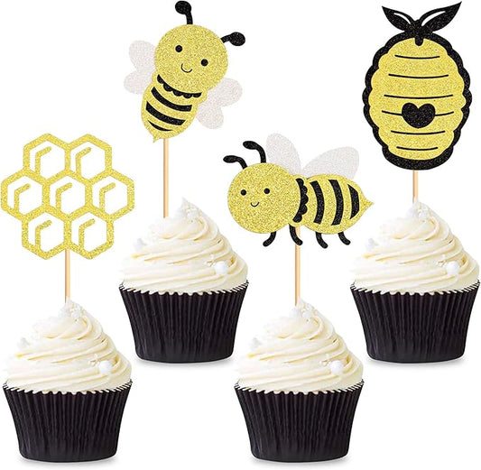 Pack of 24 Bumble Bee Cupcake Toppers Glitter Bee Gender Reveal Honeycomb Cupcake Picks Baby Shower Birthday Party Cake Decorations Supplies