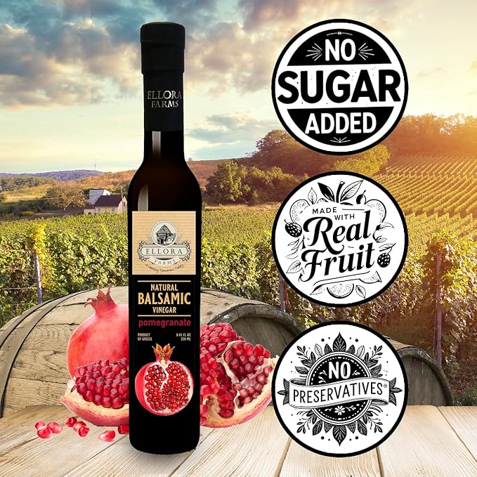 Ellora Farms, Pomegranate Infused Thick Aged Balsamic Vinegar, No-Added Sugar, No-Preservatives, Glass Bottle, 8.45 oz., Pack of 1