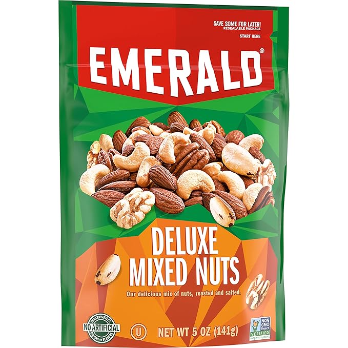 Emerald Nuts Deluxe Mixed Nuts (1-Pack), Features Roasted and Salted Nuts, Including Almonds, Cashews, Walnuts, Brazil Nuts and Pecans, 5oz Resealable Bag