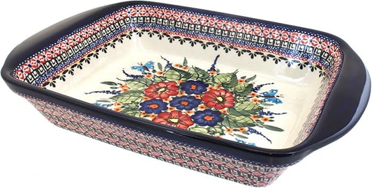 Blue Rose Polish Pottery - Blue Floral Butterfly Large Rectangular Baker with Handles - 9" x 6.5" - Unique, Dishwasher Safe, & Durable Bakeware