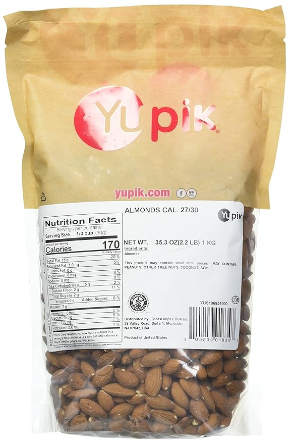 Yupik California Raw Almonds, Small Size, 2.2 lb, Gluten-Free, Kosher, Salt-Free, Source Of Protein, Fiber, Iron & Calcium, Healthy Snack, Pack of 6