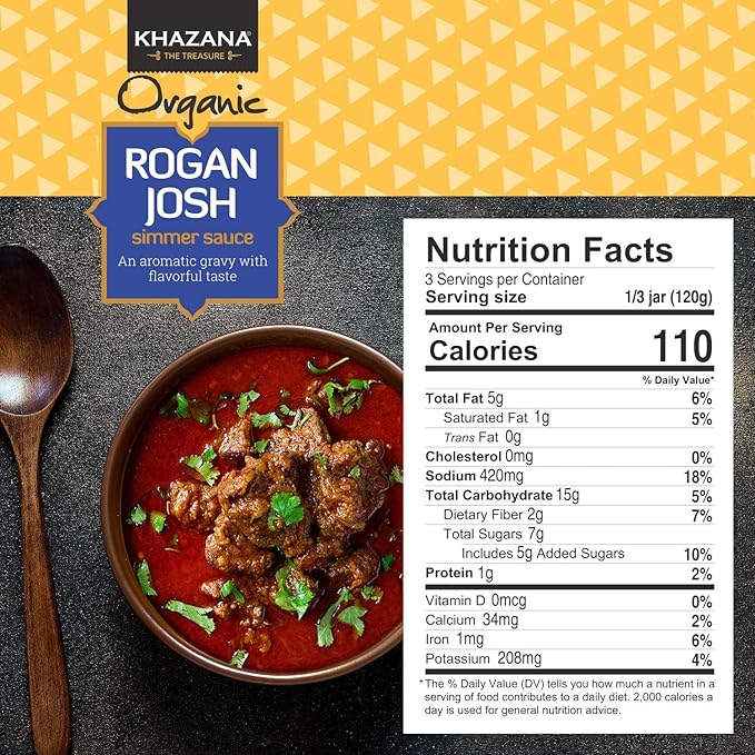 Khazana ORGANIC Rogan Josh Indian Simmer Sauce - 12.7oz Jars | Non-GMO, Vegan, Gluten Free, Kosher | Authentic Indian Meals Made Easy at Home!