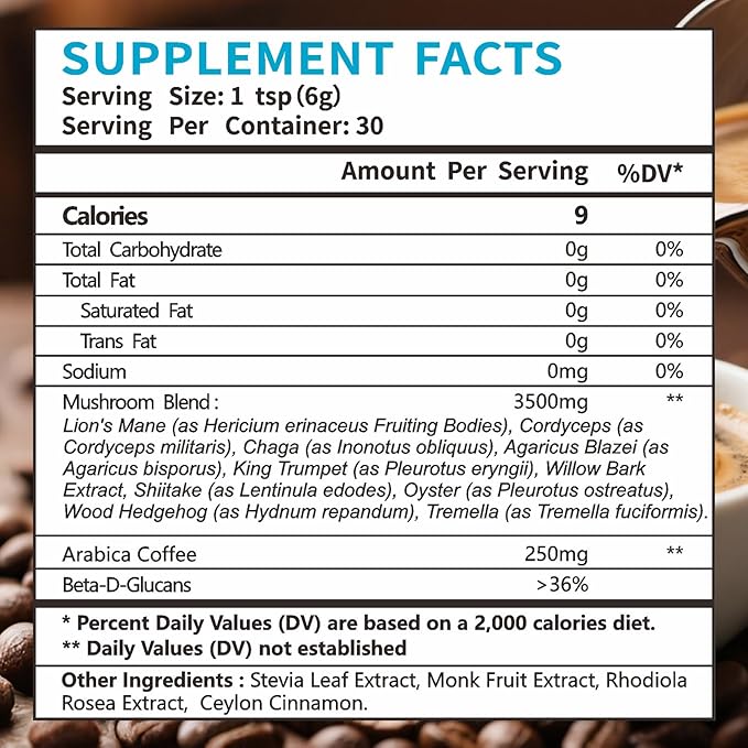 Mushroom Coffee, Organic10 Mushroom Extract Powder Blend Lion's Mane, Reishi, Chaga, Cordyceps, Turkey Tail 30 Servings