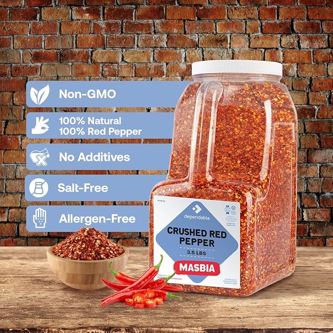 Dependable Food Crushed Red Pepper Flakes - 3.5 Lb. Container - Bulk Size - Kosher Spice Seasoning for Chefs & Culinary Enthusiasts Adds Heat & Depth to Pizza, Pasta, Stir-Fries - Non-GMO & Allergen-Free