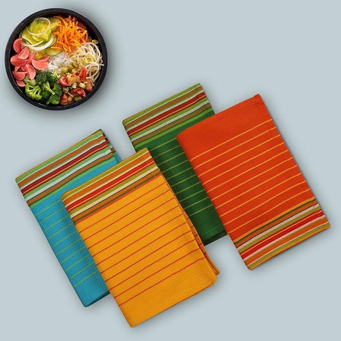 Salsa Stripe Kitchen Towels 100% Cotton Dish Towels for Kitchen Multi Color Highly Absorbent Multi-Purpose Waffle Dish Cloths for Cleaning Soft Hand Bar Towels 20x28 Inches (Set of 12)