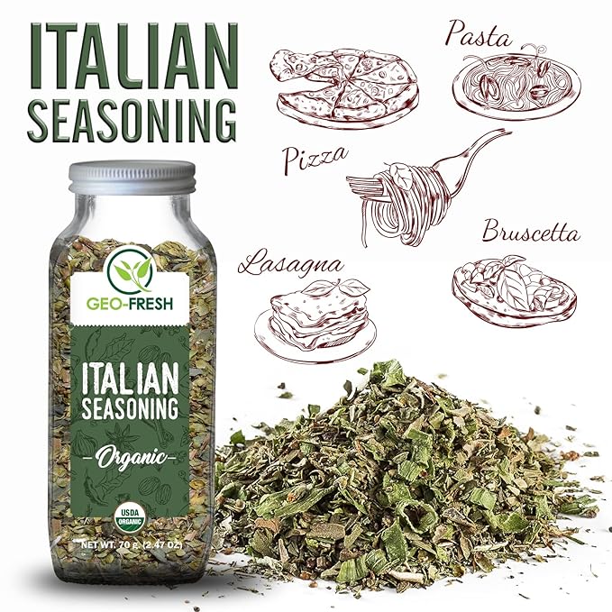 Geo-Fresh Organic Italian Seasoning, 2.47 oz (70g), Non-GMO, Kosher, 100% Organic Herbs, Basil, Oregano, Parsley, Thyme, USDA Certified