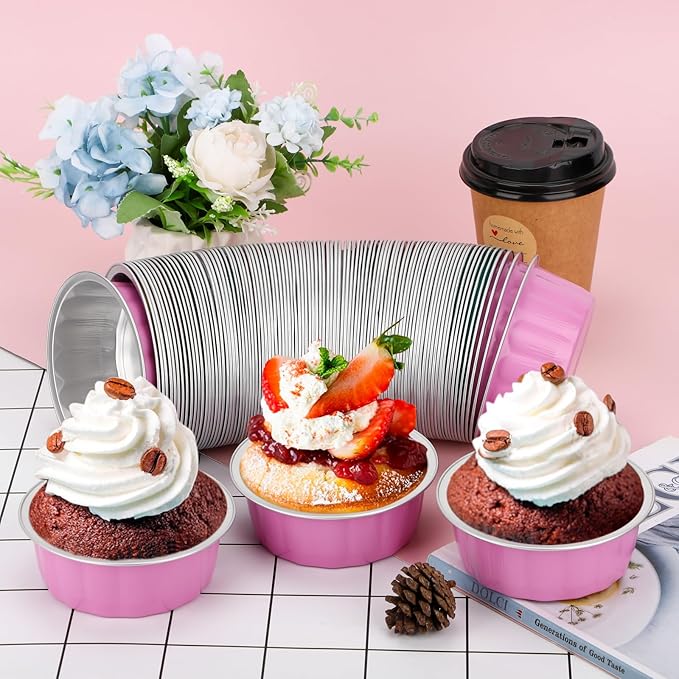 Beasea Disposable Baking Cups, 8oz 200 Pack Aluminum Ramekins Foil Baking Cups 3.9" Cupcake Aluminum Mini Baking Cups for Party - Cherry Blossoms Pink