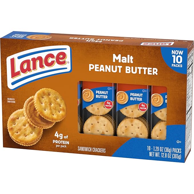 Lance Sandwich Crackers, Malt with Peanut Butter, 10 Individually Wrapped Packs, 6 Sandwiches Each