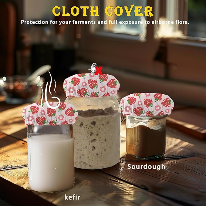 Cloth Covers for Sourdough Starter Jars, Red Strawberry Flower Heat Preservation to Increase Fermentation for Bread Sewn Cloth Cover for Sourdough Starterç«? Packç«?,<div>