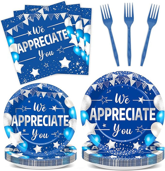 96pcs Blue Silver We Appreciate You Plates and Napkins set for Thankful Party Decorations Thank You Dinnerware Tableware Set for 24 Guests Employee Teacher Doctor Graduate Appreciation Party Supplies