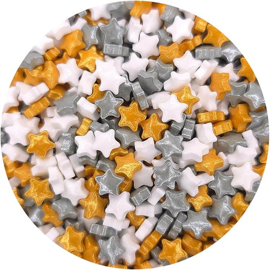 NCS Metallic Gold, Metallic Silver, and White Stars 7mm Edible Candy Sprinkles, 8 ounces - Great for Cupcakes, Cookies, Cakes, Cakes Pops, Donuts