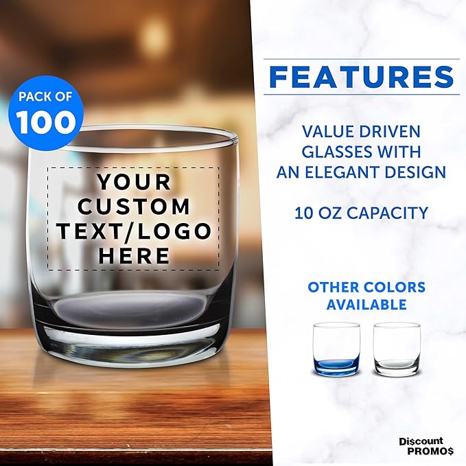 DISCOUNT PROMOS Custom Whiskey Glasses 10 oz Set of 100, Personalized Bulk Pack - Heavy Base Old Fashioned Glass, Perfect for Scotch, Bourbon, Whiskey, Cocktail - Black Bottom Color