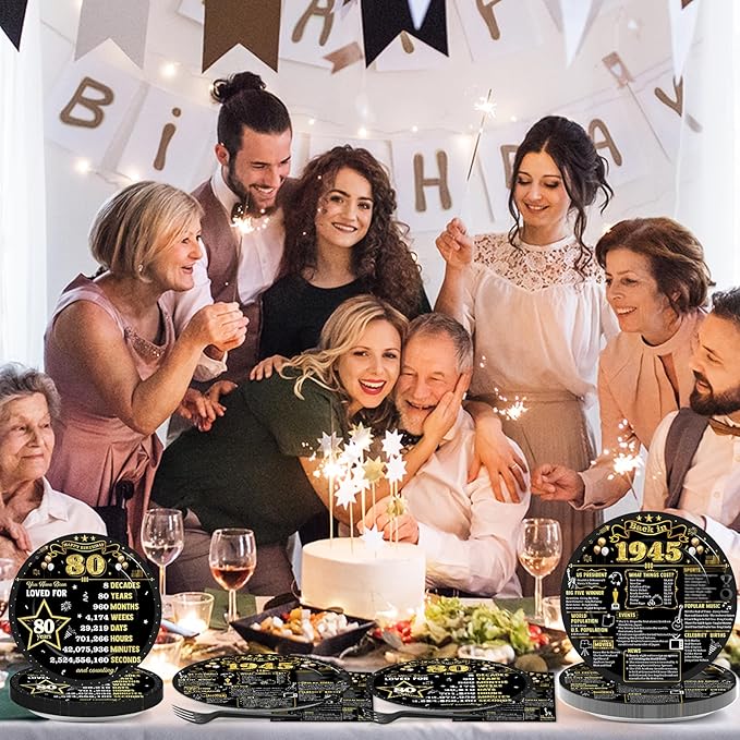 96Pcs 80th Birthday Plates and Napkins Back in 1945 Party Decorations Black Gold 80 Year Old Cake Dessert Plates 1945 Tableware for 24 Guests 80th Theme Men Woman Birthday Party Supplies