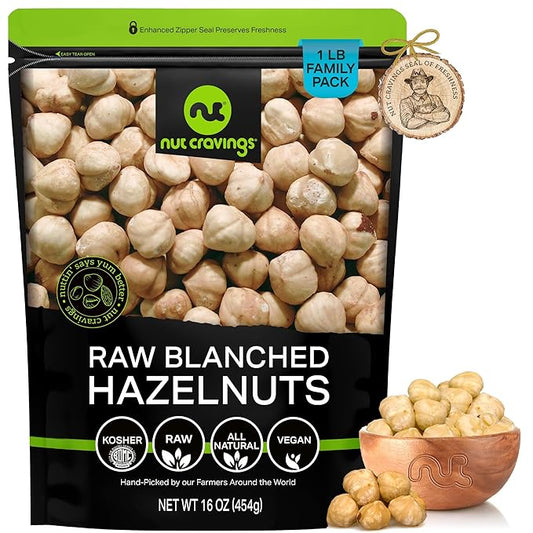 NUT CRAVINGS - Raw Blanched Hazelnuts Filberts - Unsalted, Shelled, (16oz - 1 LB) Bulk Nuts Packed Fresh in Resealable Bag - Kosher Healthy Snack, Food Assortments Ideal for Trail Mixed Nuts