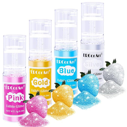 Edible Glitter Spray - 4 Color Edible Glitter for Drinks, Food Grade Edible Luster Dust, Cake Decorating Shimmering Glitter, Metallic Powder Glitter for Baking, Chocolate, Candy, Icing - 5g Each