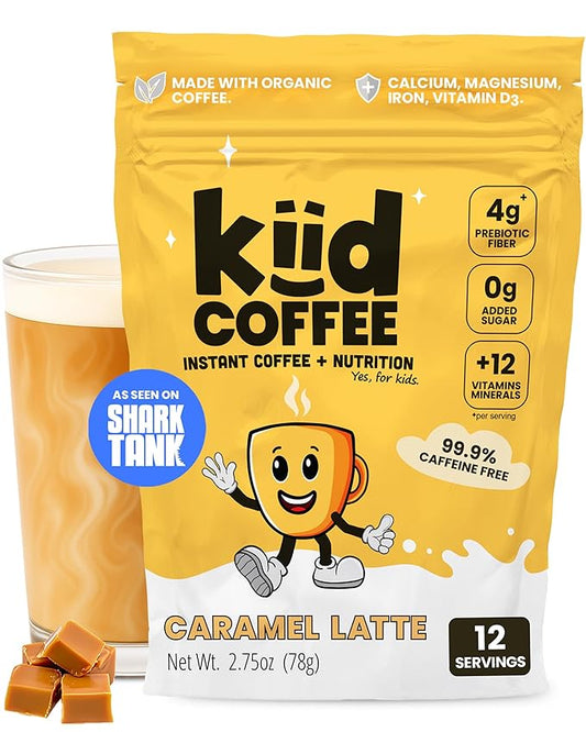 Kiid Coffee - 99.9% Caffeine-Free Organic Coffee for Kids - As Seen on Shark Tank - 12 Vitamins & Minerals, 4g Prebiotics, 0g Sugar - Non-GMO & Gluten-Free - Healthy Snack - Caramel - 12 Servings