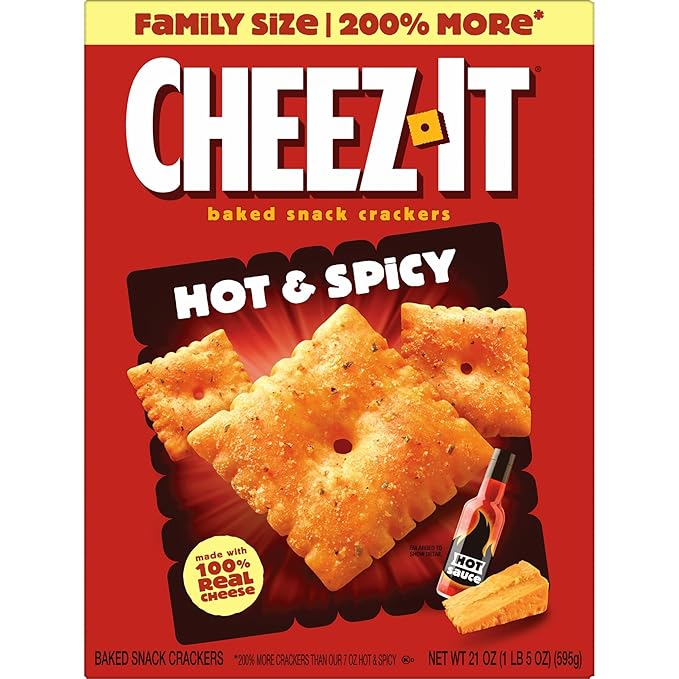 Cheez-It Baked Snack Crackers, Lunch Snacks, Family Size, Hot and Spicy, 21oz Box (1 Box)