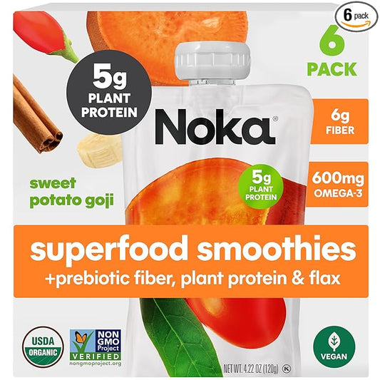 Noka Superfood Fruit Smoothie Pouches, Sweet Potato Goji, Healthy Snacks with Flax Seed, Plant Protein and Prebiotic Fiber, Vegan and Gluten Free Snacks, Organic Squeeze Pouch, 4.22 oz, 6 Count