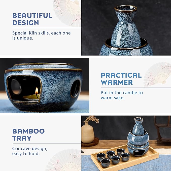 DUJUST 10 pcs Japanese Sake Set with Warmer for 6, Kiln Altered Glaze Porcelain Sake Set, 6 Sake Cups, 1 Sake Bottle, 1 Warmer, 1 Candle Stove, 1 Tray & 1 Box, Warm Sake Carafe, Japanese Gifts - Blue