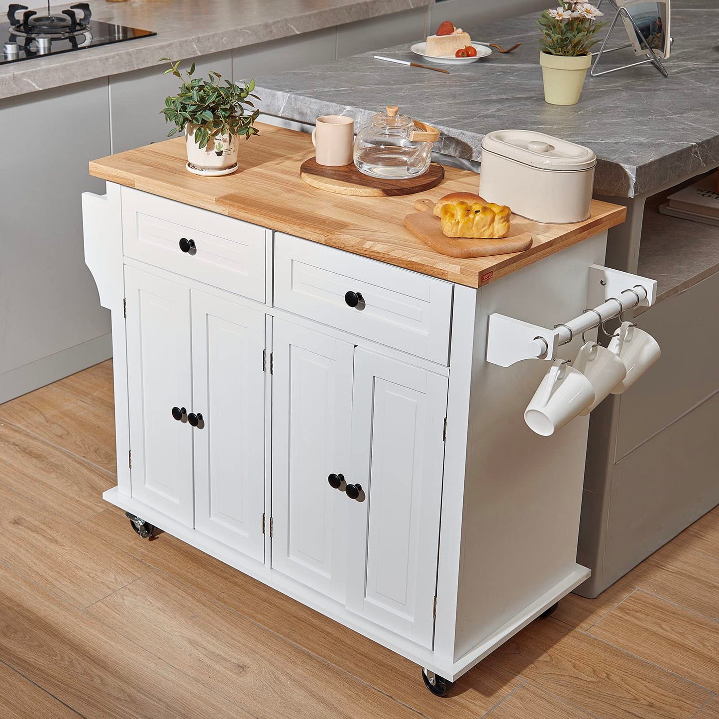 VEVOR Kitchen Island Cart with Solid Wood Top, 35.4" Width Mobile Carts with Storage Cabinet