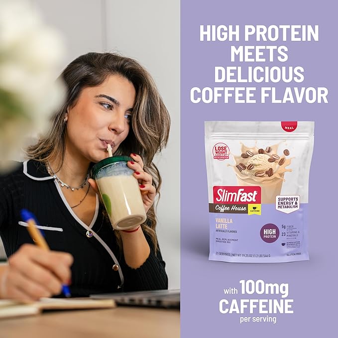 SlimFast High Protein Meal Replacement Powder, Caffeine Protein Powder, Energizing Protein Mix, Vitamin and Mineral Blend, Gluten Free, Coffee Flavored Protein Powder, Vanilla Latte, 21 Servings