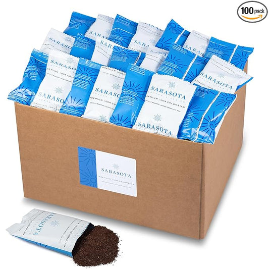 Sarasota Coffee Ground Packets | Colombian Medium Roast | Bulk Packs | Gourmet Columbian Low Acid Mold Free Singles Individual Pouches for 12 Cup Coffee Maker | 1.75 Ounce Bags, 100 Count
